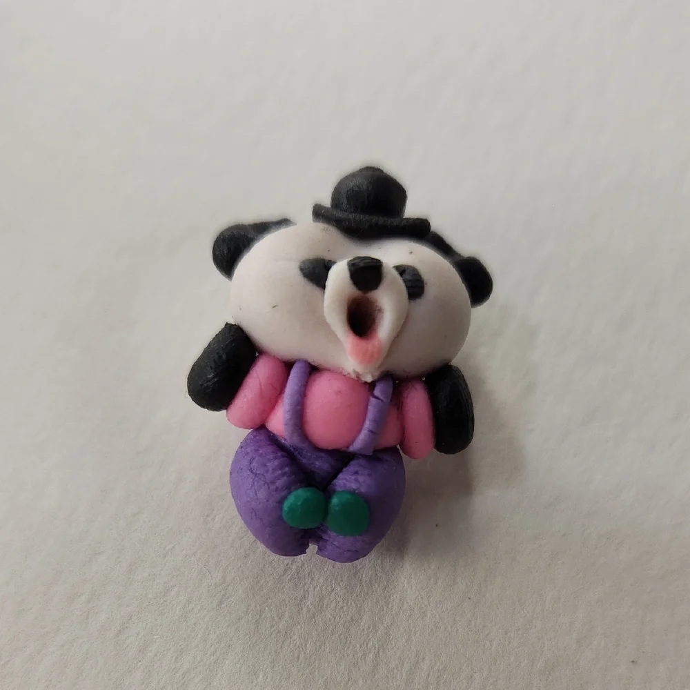 Vintage 80s Handcrafted Cute Panda Figurine with Pink and Purple Outfit